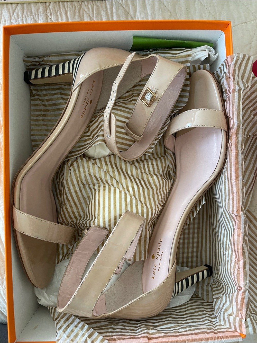 kate spade Else Nude Blush Patent Leather Ankle-Strap Heels with Striped Heel